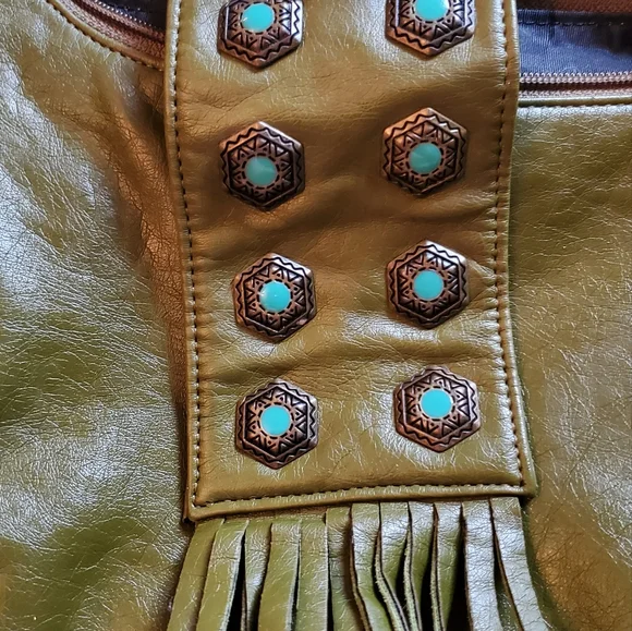 Vintage retro olive green purse with turquoise stones - Picture 2 of 3